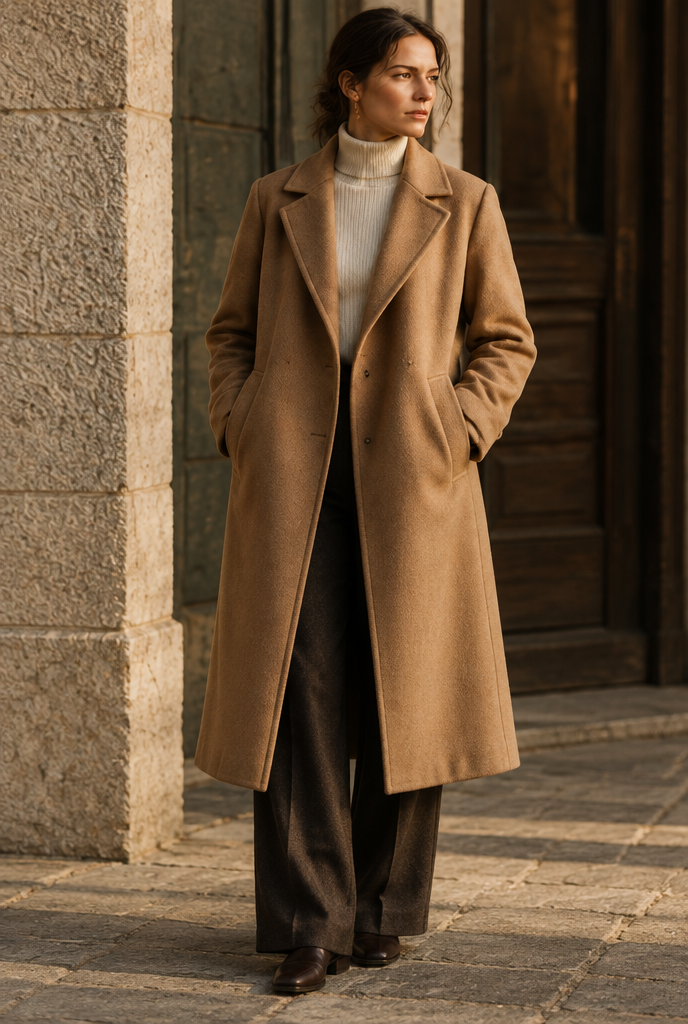 Cappotto di lana femminile indossato in luce pomeridiana